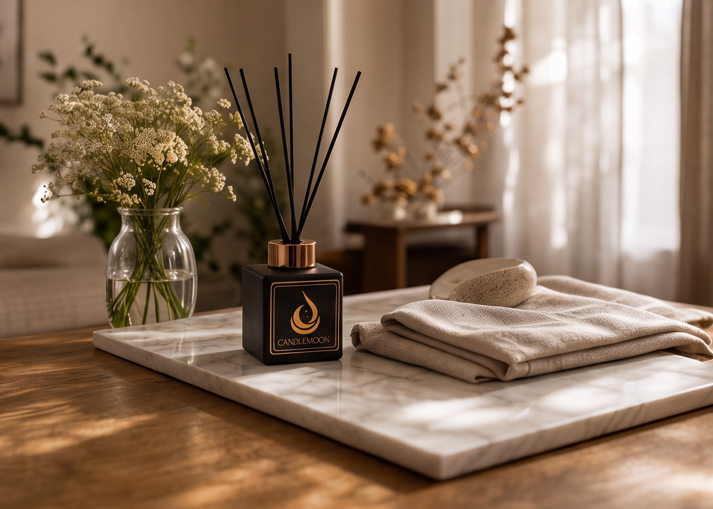 Candlemoon fragrance diffuser and candle styled in a warm interior